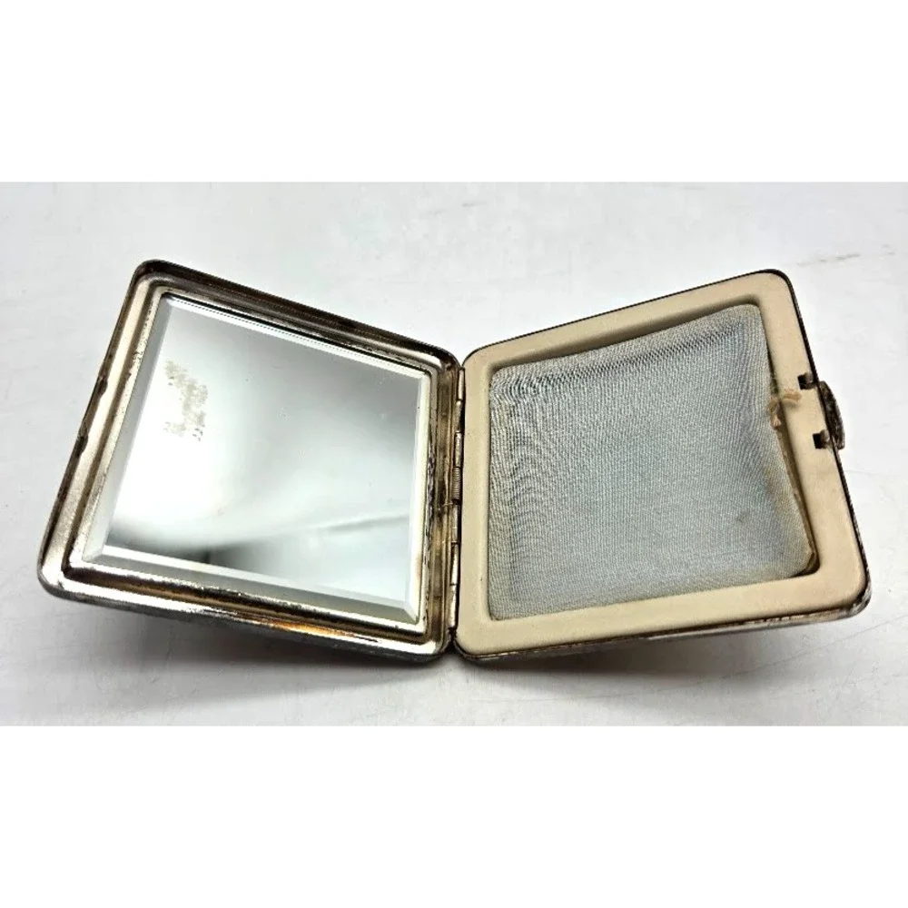 Vintage Silver Makeup Mirror Compact Vanity Travel Collectible 1950s-1979 US